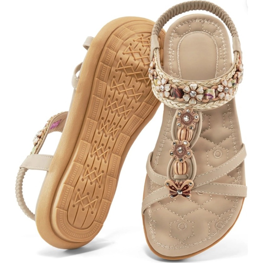 Boho Beaded Floral Butterfly Sandals Beige Elastic Slingback Flat‎ Size 11 NEW